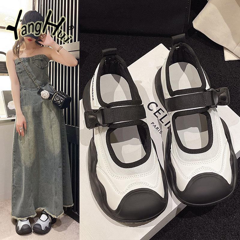 Casual Round Head Mid Heel Thick Bottom Mary Jane Women Shoes 2024 New Fashion Simple Hollow Out Large Size Shoes Summer