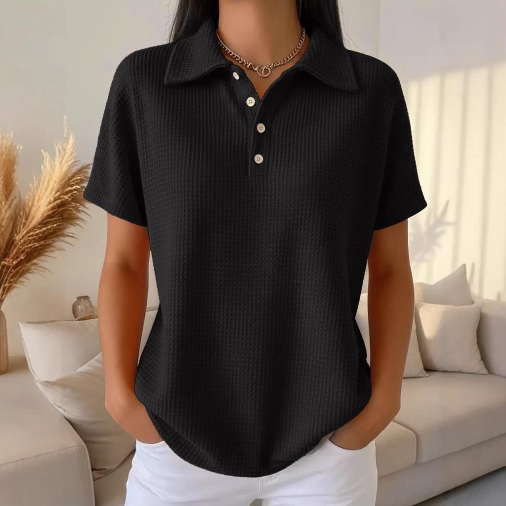 Spring Summer New Solid Color Waffle Loose Short Sleeve Fashion Polo Top Casual Tee for Women