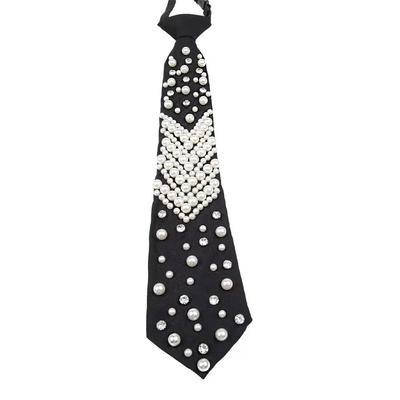 Elegant Rhinestone Pearls Tie Black Korean Style Hand-beaded Long Necktie Collares Geometric Decoration Shirt Tie Women