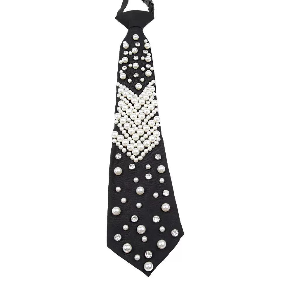 Elegant Rhinestone Pearls Tie Black Korean Style Hand-beaded Long Necktie Collares Geometric Decoration Shirt Tie Women