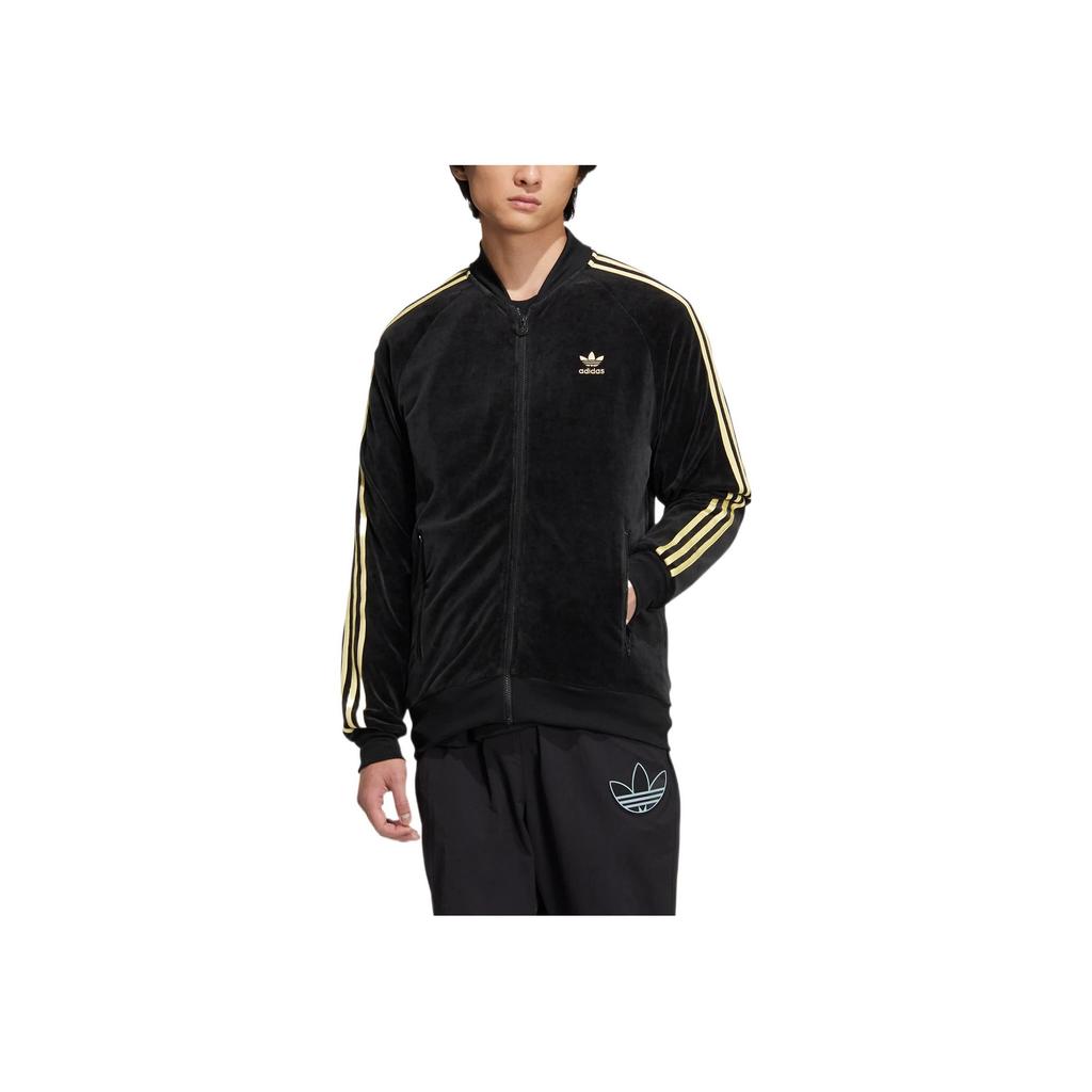 adidas Originals Velour Jacket JP Striped Embroidered Logo Zip Jacket Men Jackets Black HR3445