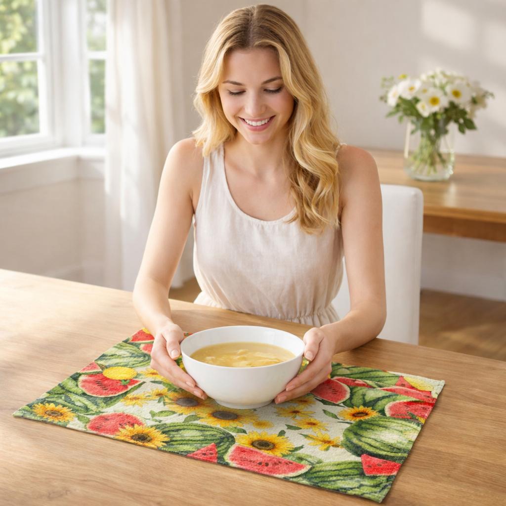 4-Piece Summer Lemon Print Linen Placemat and Napkin Set, Heat and Stain for Kitchen Dining, 430cm