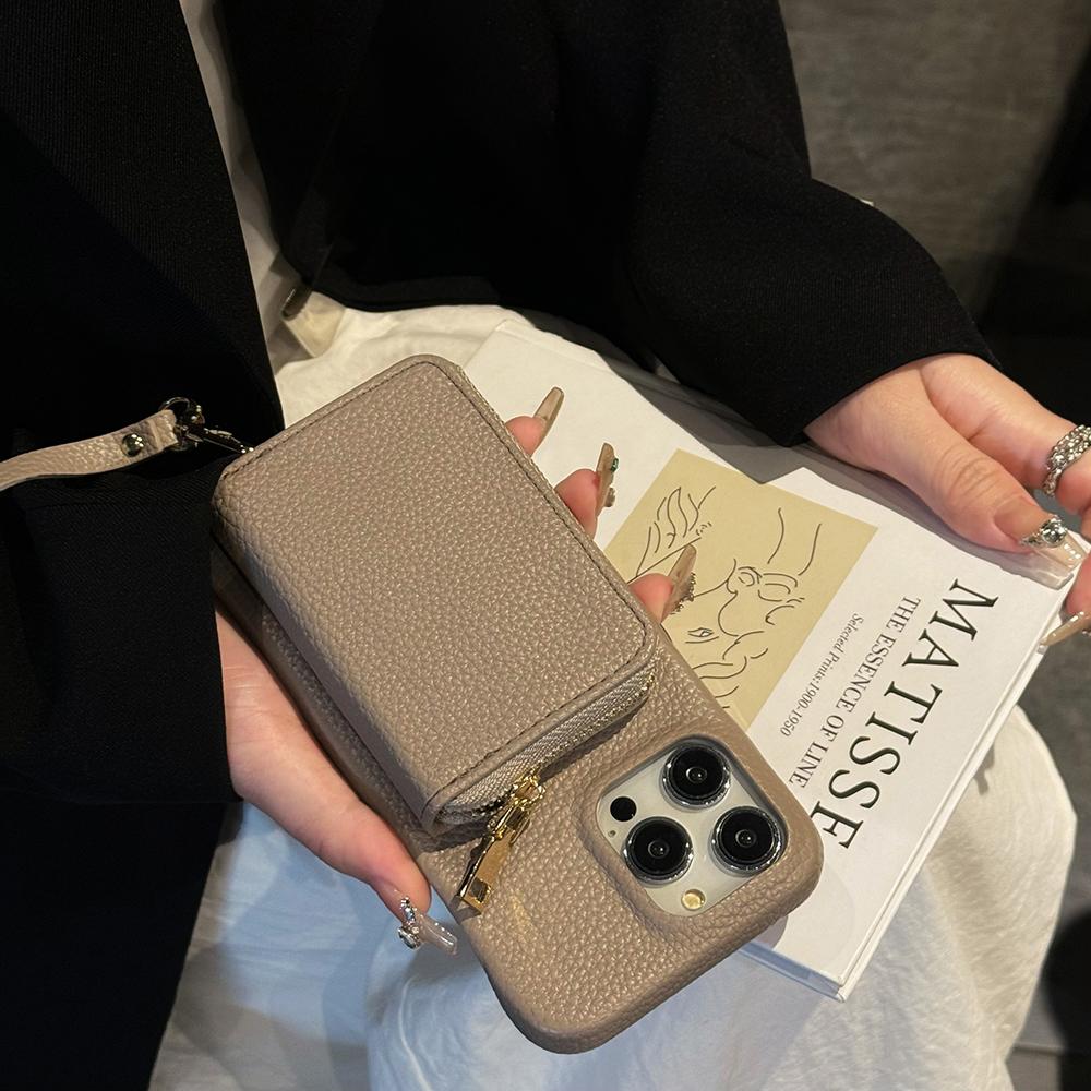 For iPhone 16 Pro Max Case Zipper Card Slots PU Leather Phone Back Cover with Wrist Strap