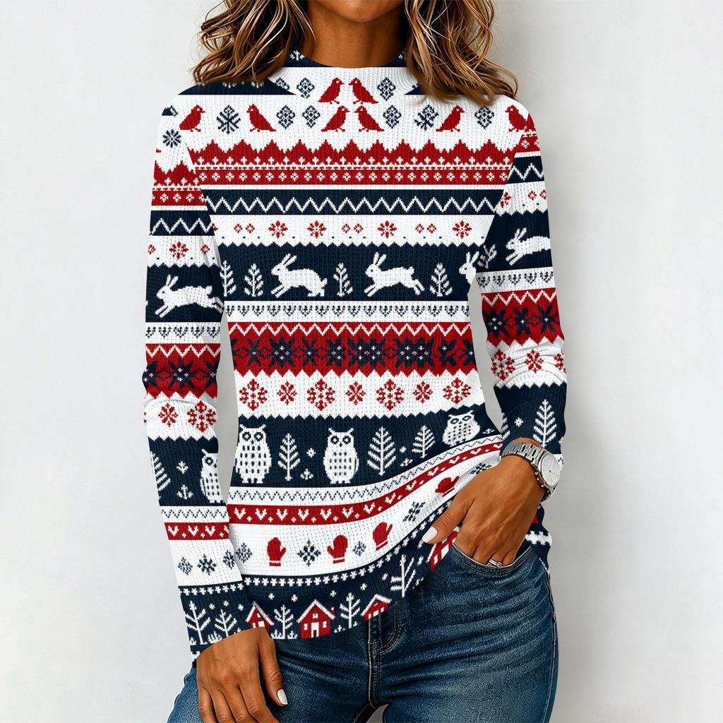 Women's Casual Knit Long Sleeve T-Shirt with High Neck Christmas Print