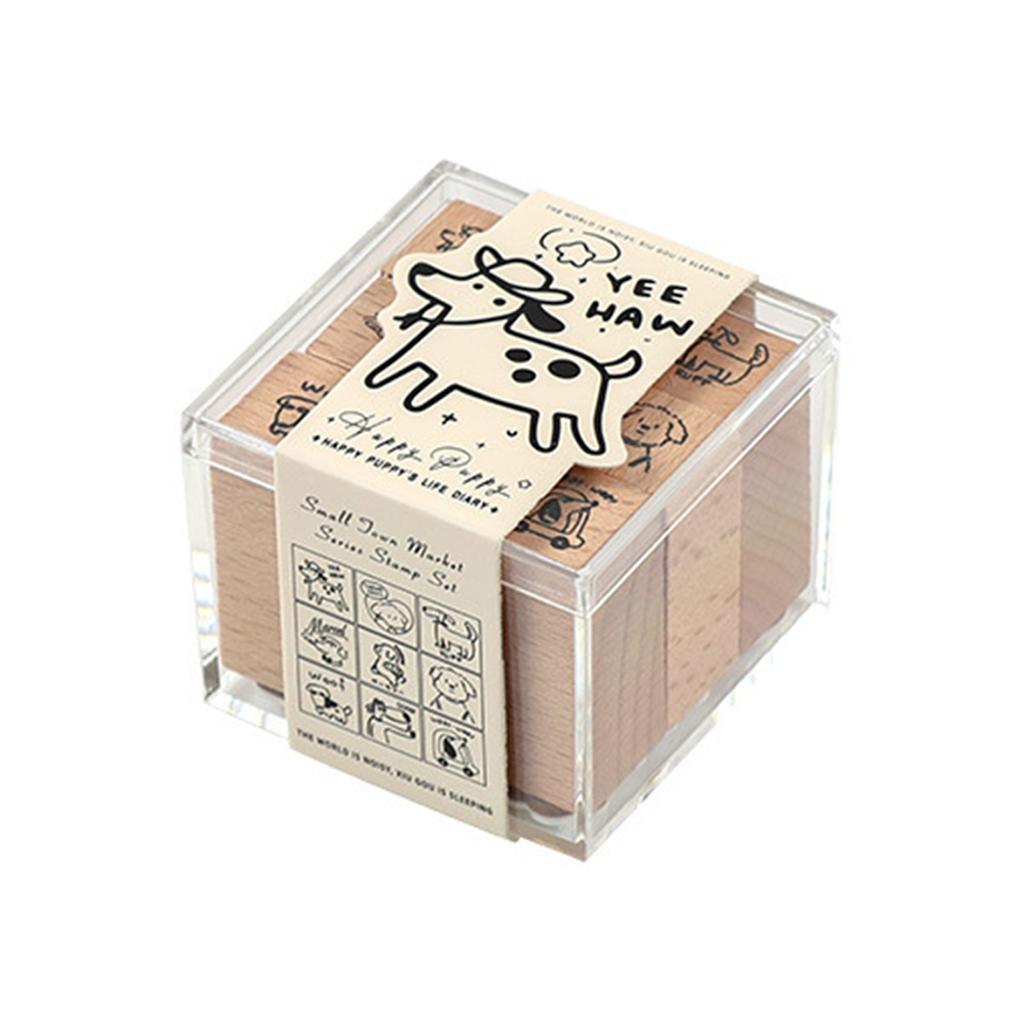 9pcs Vintage Wooden Rubber Stamps Clear Cartoon Patterns Beech Material for Paper Crafting Letters Diary Greeting Cards