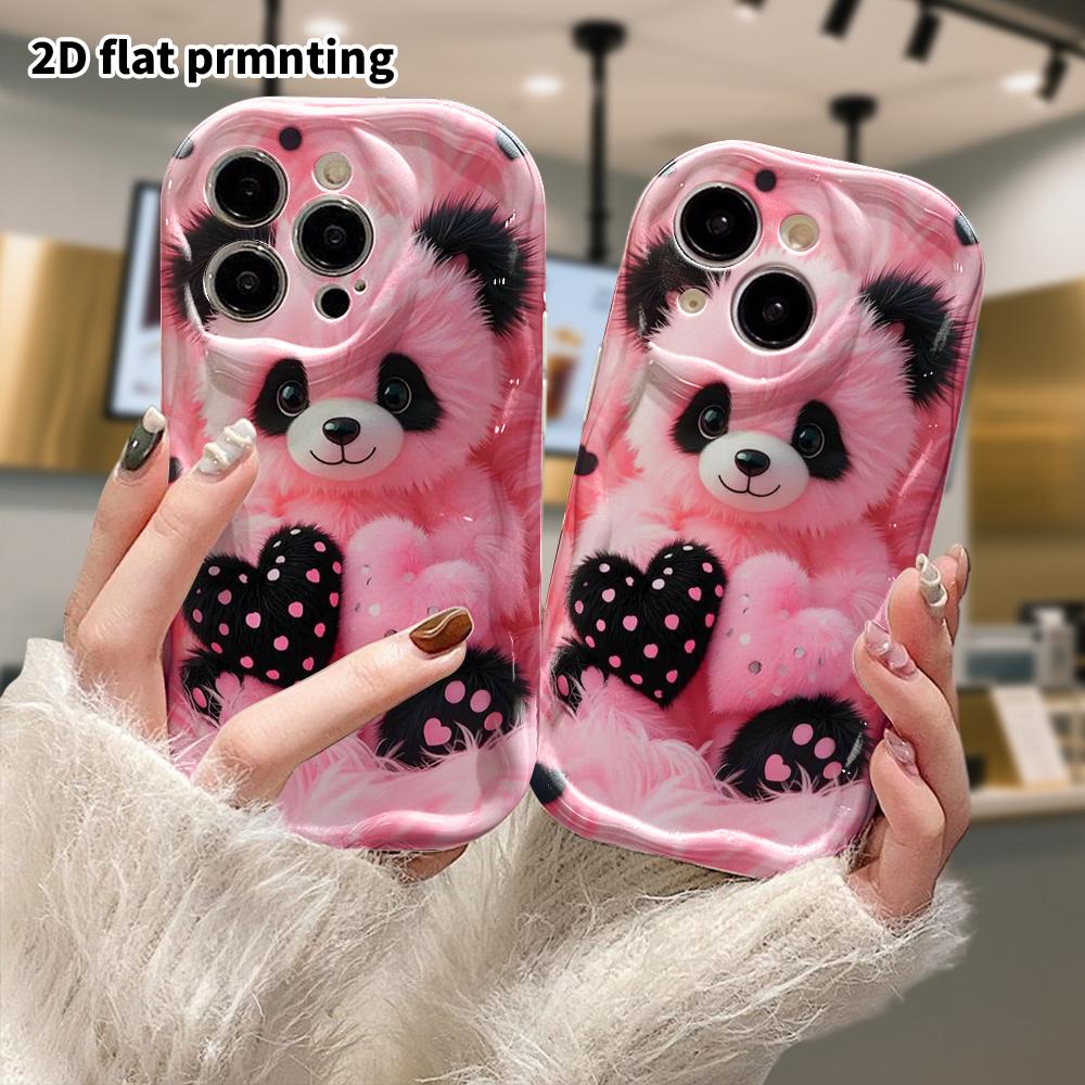 Phone Case: 2D Flat, Fits iPhone 12 Pro To 18, Phone Accessory, Pink and Black Plush Panda, Perfect Gift for Christmas and Halloween