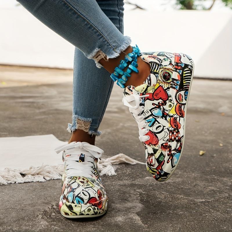 Playful Women's Sneakers - Vibrant Heart & Music Graphic Design, Breathable Synthetic Cover Rubber Sole, All-Season Casual Shoes for Petite Wome