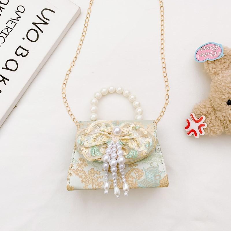 Lovely Geometric Patterned Shoulder Bag For Kids Featuring Chic Tassels And Elegant Pearls