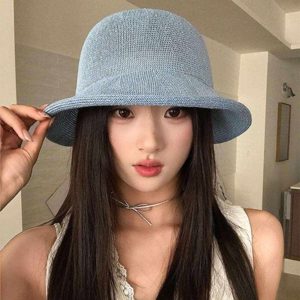 Rolled Edge Women Bucket Hat Knitted Sun Hat Fashion Big Brim Hat Outdoor Beach Vacation Wear