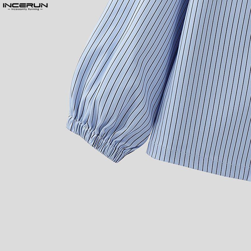 INCERUN Oversized Men Long Sleeve Striped Print Shirts Casual Loose Button Tops