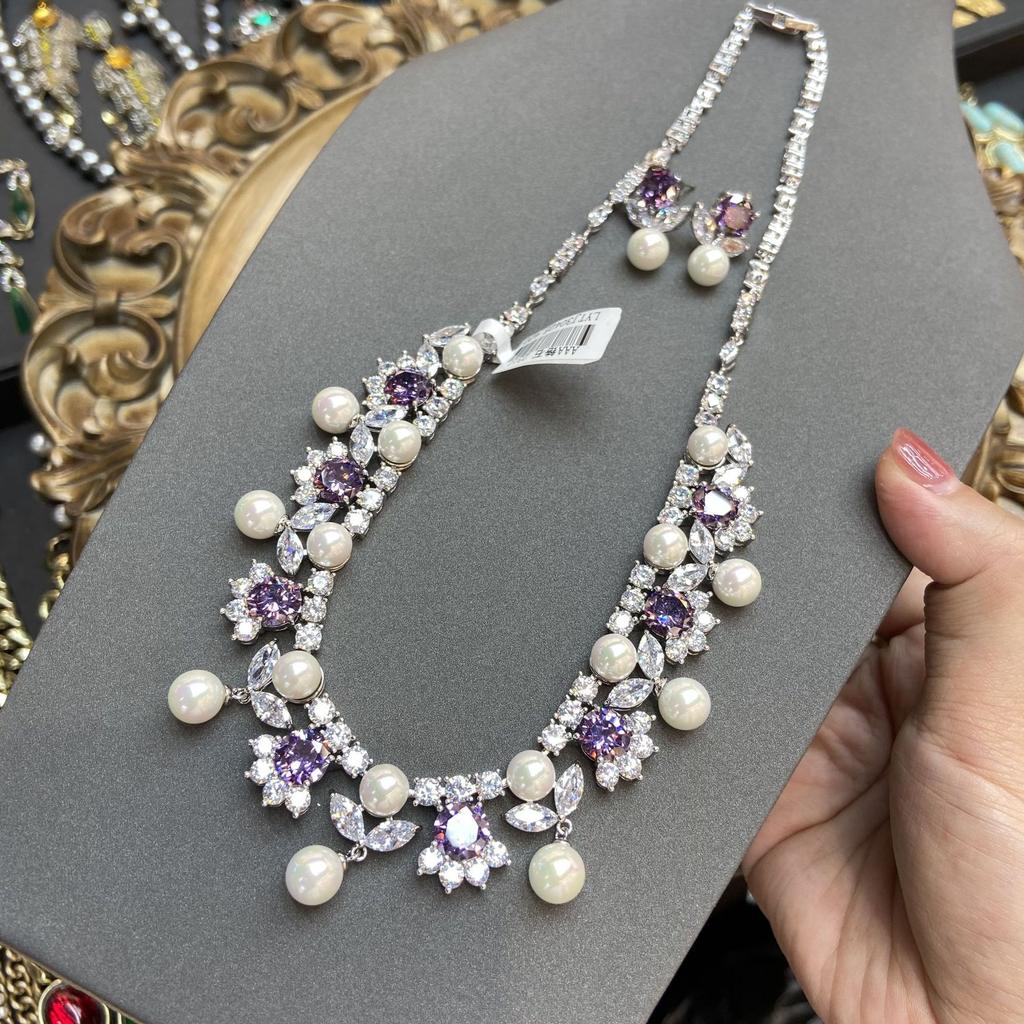 Purple Crystal Zircon Necklace Full Diamond Flower Earrings Banquet Exquisite Accessories Bridal Accessories Set