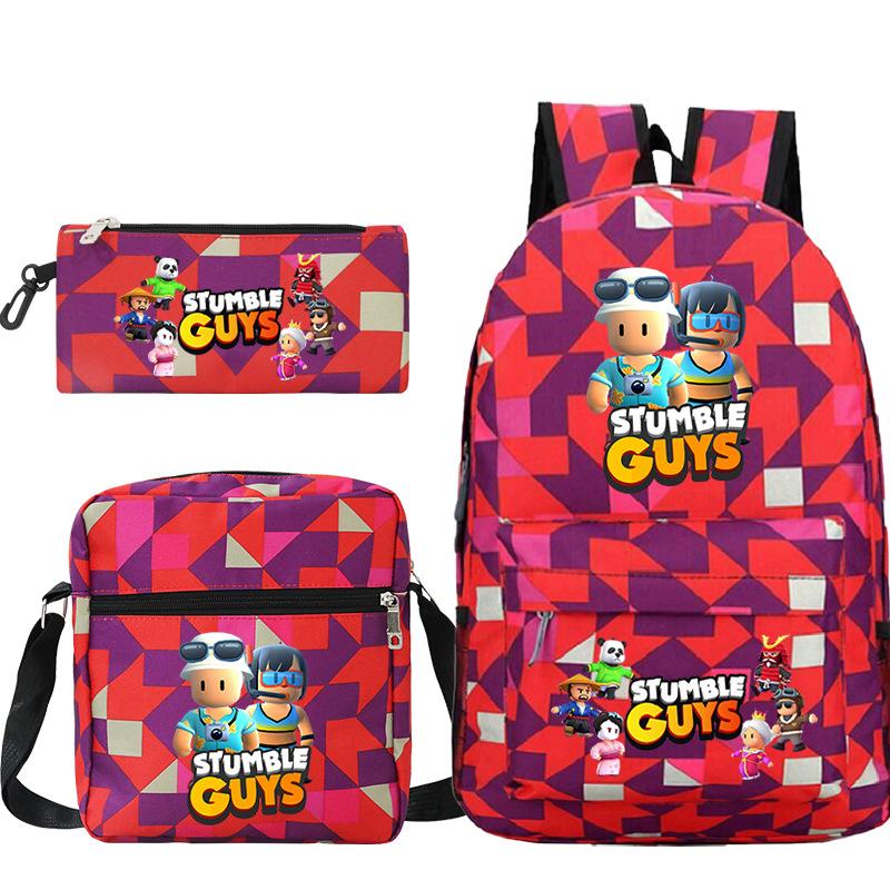 New Stumble Guys Game Merchandise Printed Student Backpack Three-piece Set Boys and Girls School Bag Set