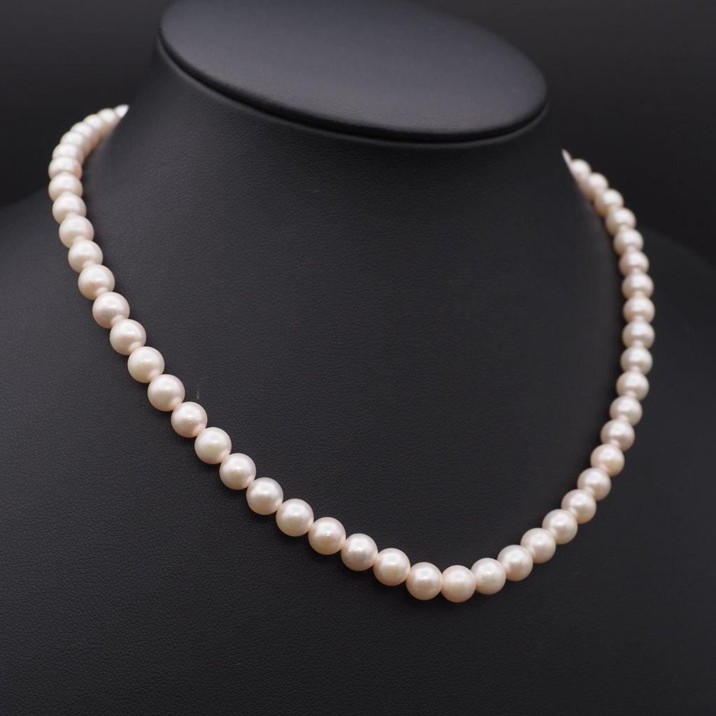 Used V342 Genuine Pearl 6.7mm Pearl SILVER Engraved Necklace Design Silver June Birthstone
