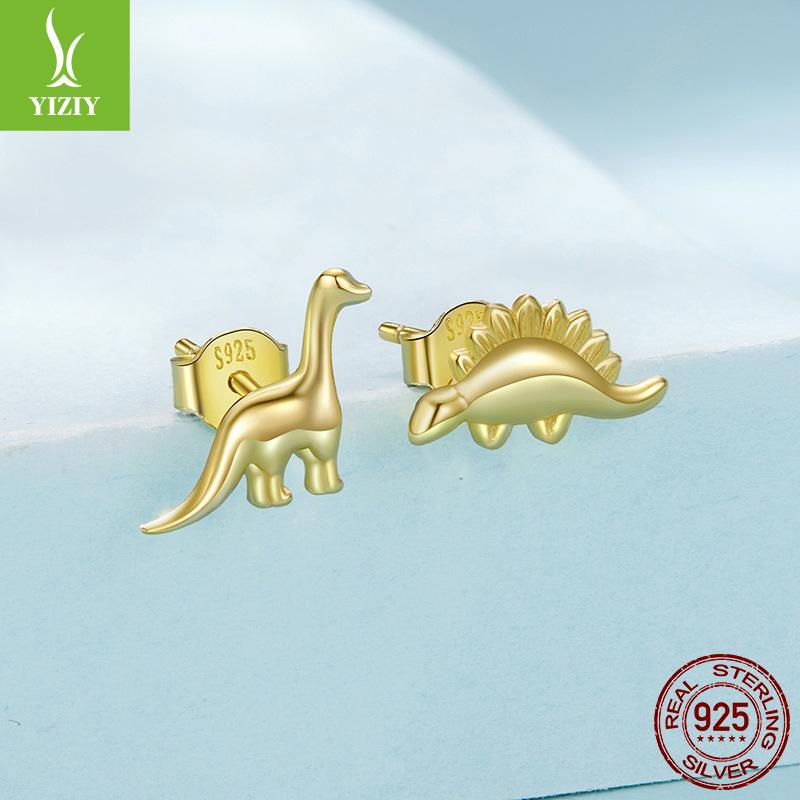 S925 Sterling Silver Asymmetric Dinosaur Stud Earrings Personalized Animal Plain Silver Stud Earrings For Men And Women