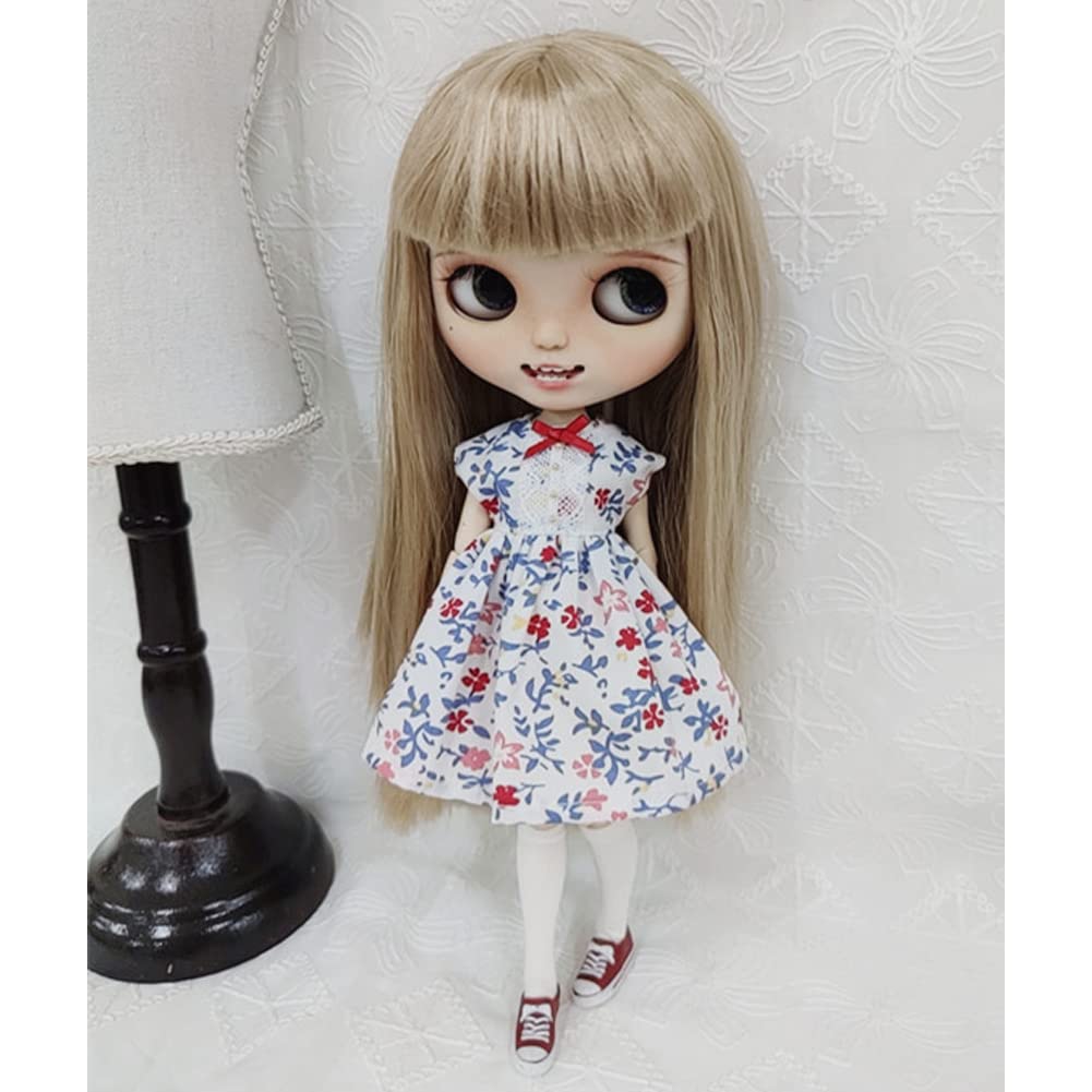 rakulifey Blythe Outfit, Floral Print, One-Piece Outfit for Blythe Dolls, Compatible with Licca-chan Dolls and Obitsu 24 Dolls (White Flowers)