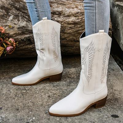 Botas vaqueras occidentales con bordado vintage para mujer, zapatos elegantes de moda, botines de tacón grueso para mujer, sin cordones, a media pantorrilla