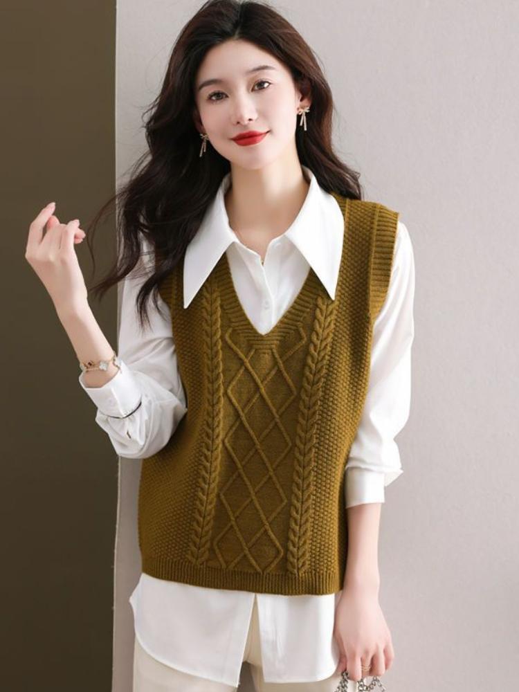 Pevná Vesta s copánkovým vzorem s výstřihem do V, Vintage bezrukávový volný svetr, Dámské oblečení