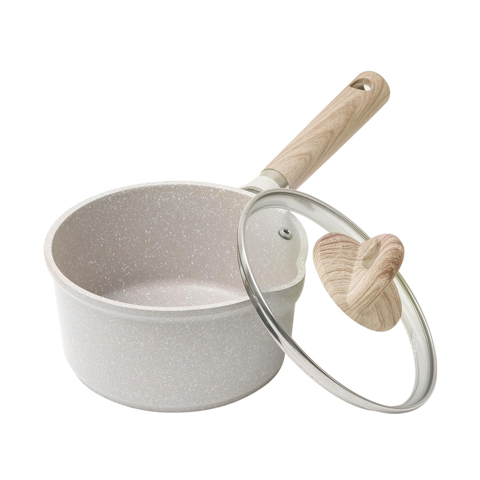 CAROTE 16cm Saucepan with IH Marble Easy to Deep Greige Lid, Compatible, PFOA/PFOS Free, Coating, Non-stick, Clean, Single-serving, Fryer, One-Year