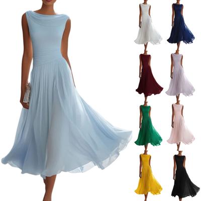 Ärmelloses Midi-Kleid für Damen mit Wasserfall-Ausschnitt Elegantes Unifarbenes Design Fließende A-Linie Geeignet für Urlaub und Alltag