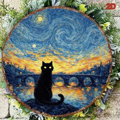 1pc 8x8in Van Gogh Starry Night Cat Metal Wall Art, Retro Round Sign, Vintage Decor for Cafe Bar Living Room