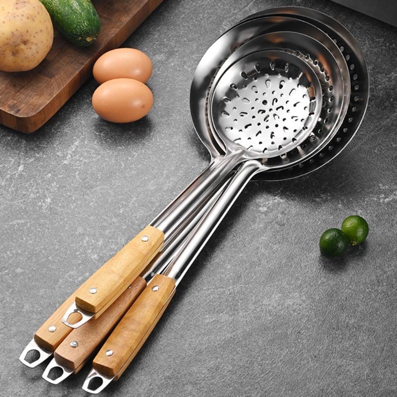 201Stainless Steel Strainer Ladle Large Mesh Skimmer with Wood Handle Oil Skimmer Spoon Suitable for Kitchen Use