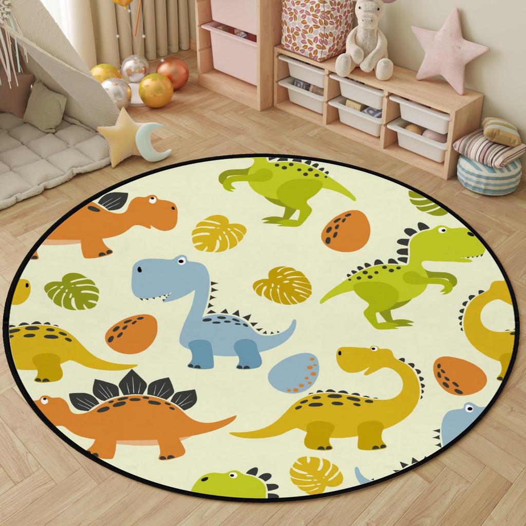 Cartoon Dinosaur Round Carpet Cute Dino Circle Rug for Living Room Playroom Office Laundry Decor Non-slip Comfort Play Yoga Mat