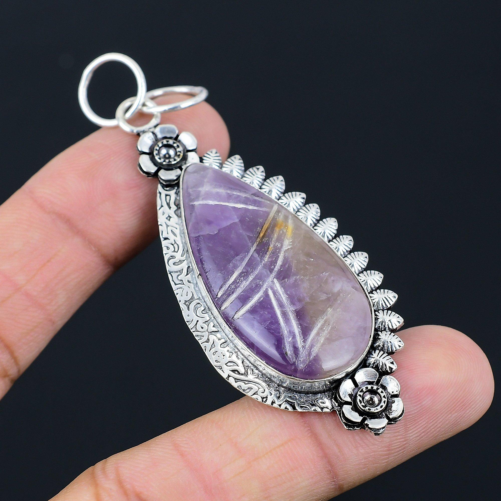 Gift For Her 925 Silver Natural Carved Star Amethyst Gemstone Pendant Flower