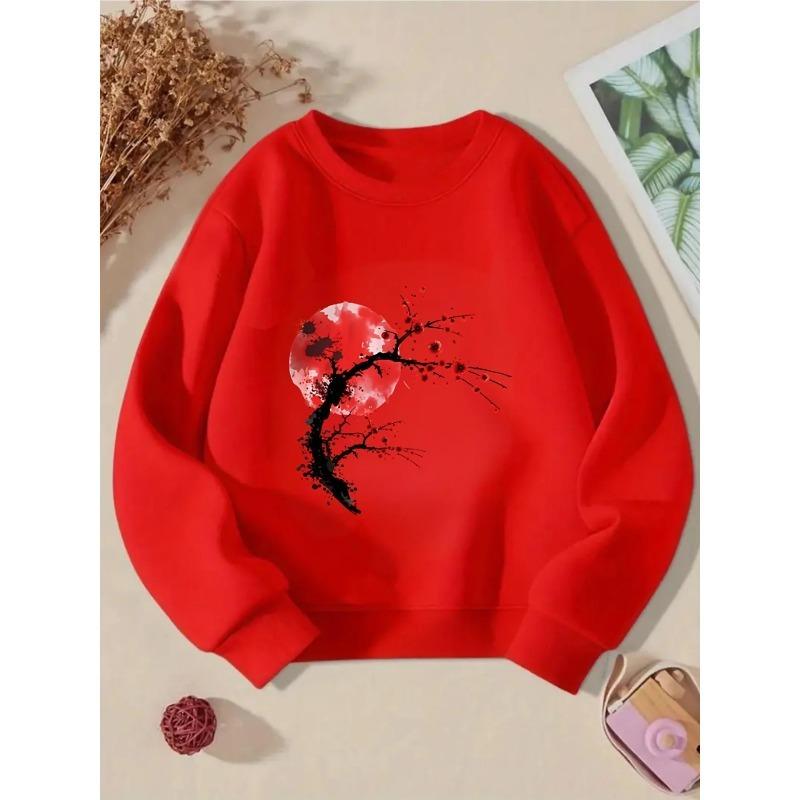 Kids Unisex Crewneck Sweatshirt, Chinese Ink Wash Red Plum Blossom Red Sun Art Print Soft Fleece Pullover For Kids Over 4 Years Old