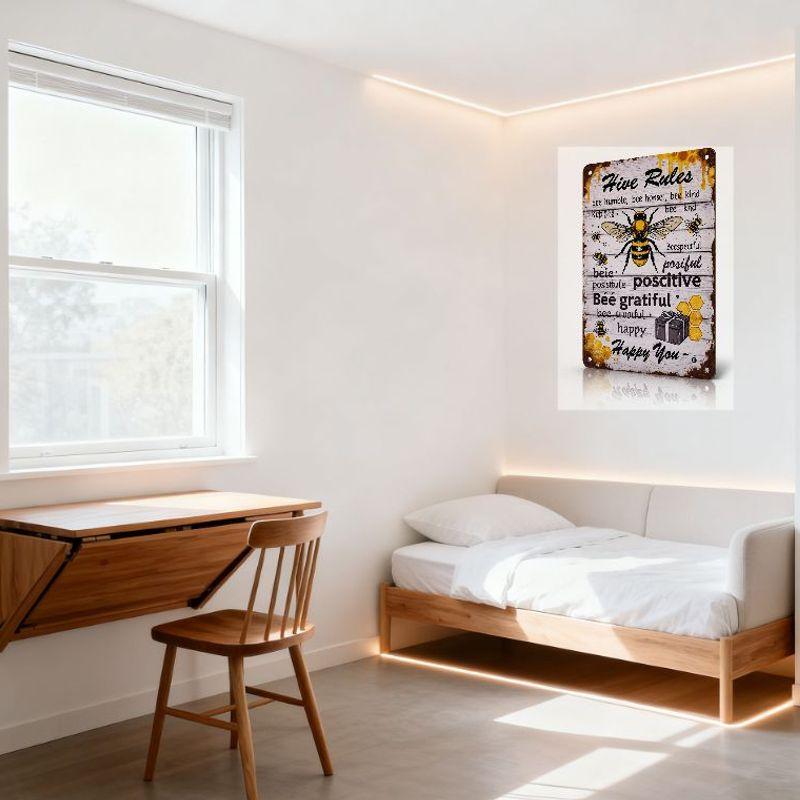 Rustic Metal Tin Sign with Bee Hive Motif - Weathered Frame, Yellow Honey Drips, Honeycomb & Bee Quotes for Home Decor, Man Cave