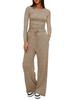 Solid Color Casual Long Sleeve Top and High Waist Wide Leg Pants Sportswear Set