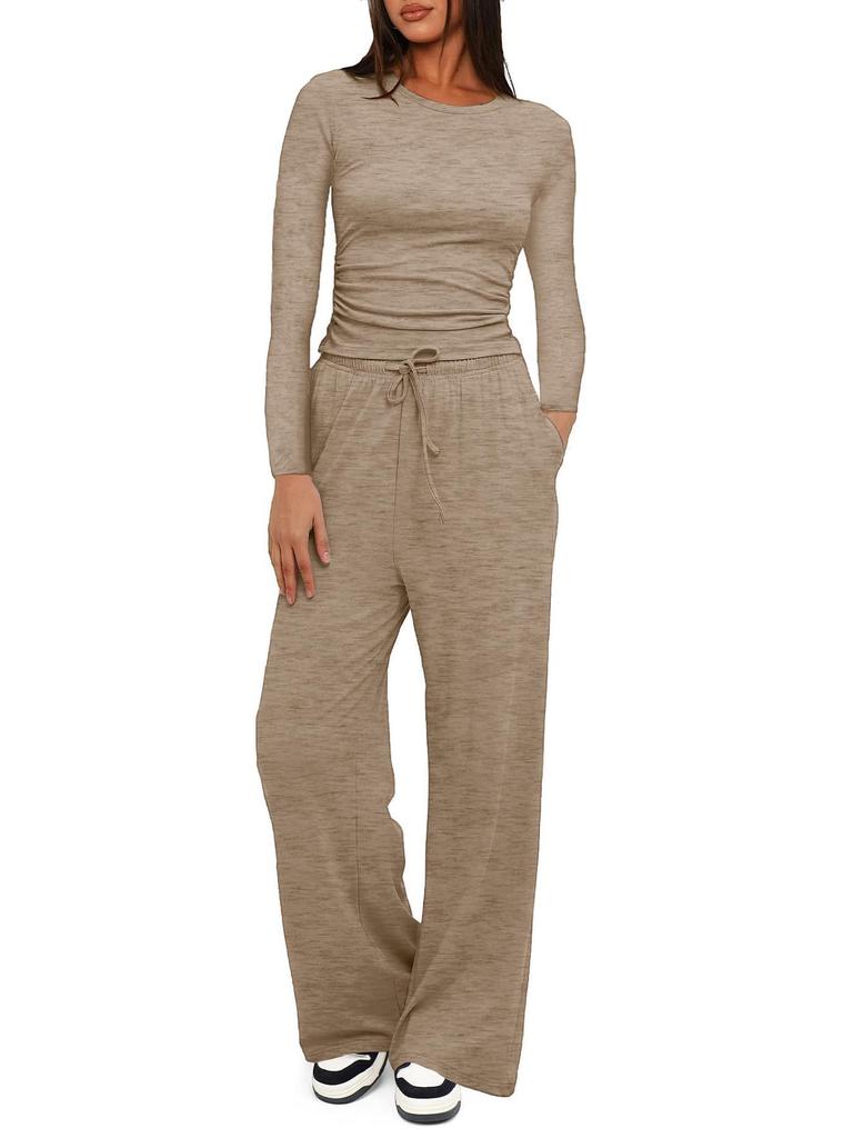 Solid Color Casual Long Sleeve Top and High Waist Wide Leg Pants Sportswear Set