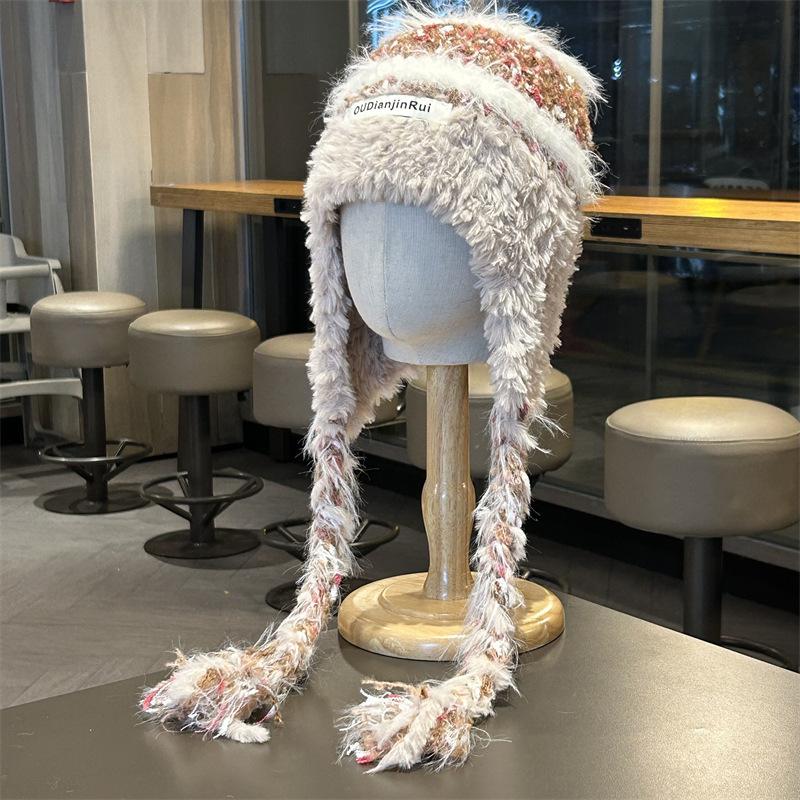 Striped contrasting color knitted plush hat women's autumn and winter fashion versatile warm ear protection Lei Feng hat cold lace-up wool hat