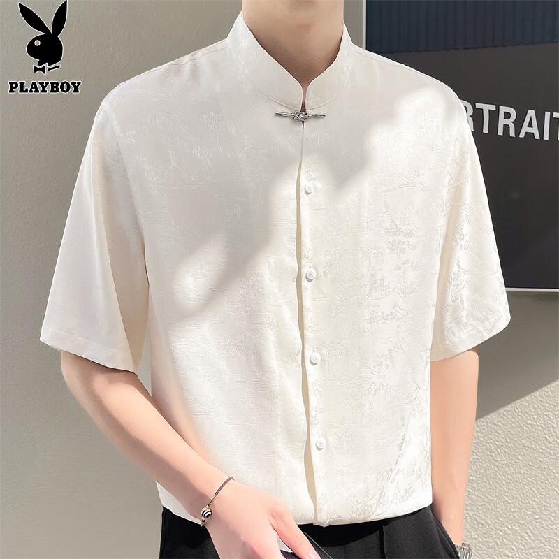 PLAYBOY Men's Ice Silk Short-Sleeve Stand Collar Jacquard Shirt