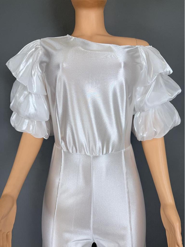 Women's One-Shoulder Stacked Sleeve Jumpsuit Party Dress 5813