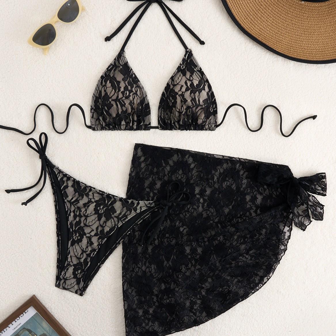 

2025 new lace strap bikini three-piece set women s swimsuit beach swimsuit S чёрный