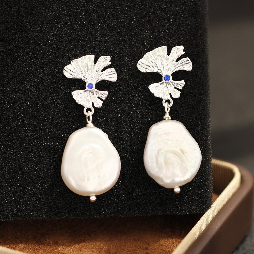French elegant retro natural, baroque special-shaped pearl earrings gold-plated two-color 925 silver needle atmospheric earrings for women