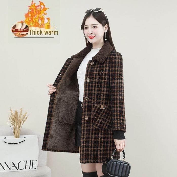 

Женское зимнее пальто из плюша в клетку — облегающее, средней длины, модное, теплое, подходит для больших размеров, идеально подходит для мам L коричневый