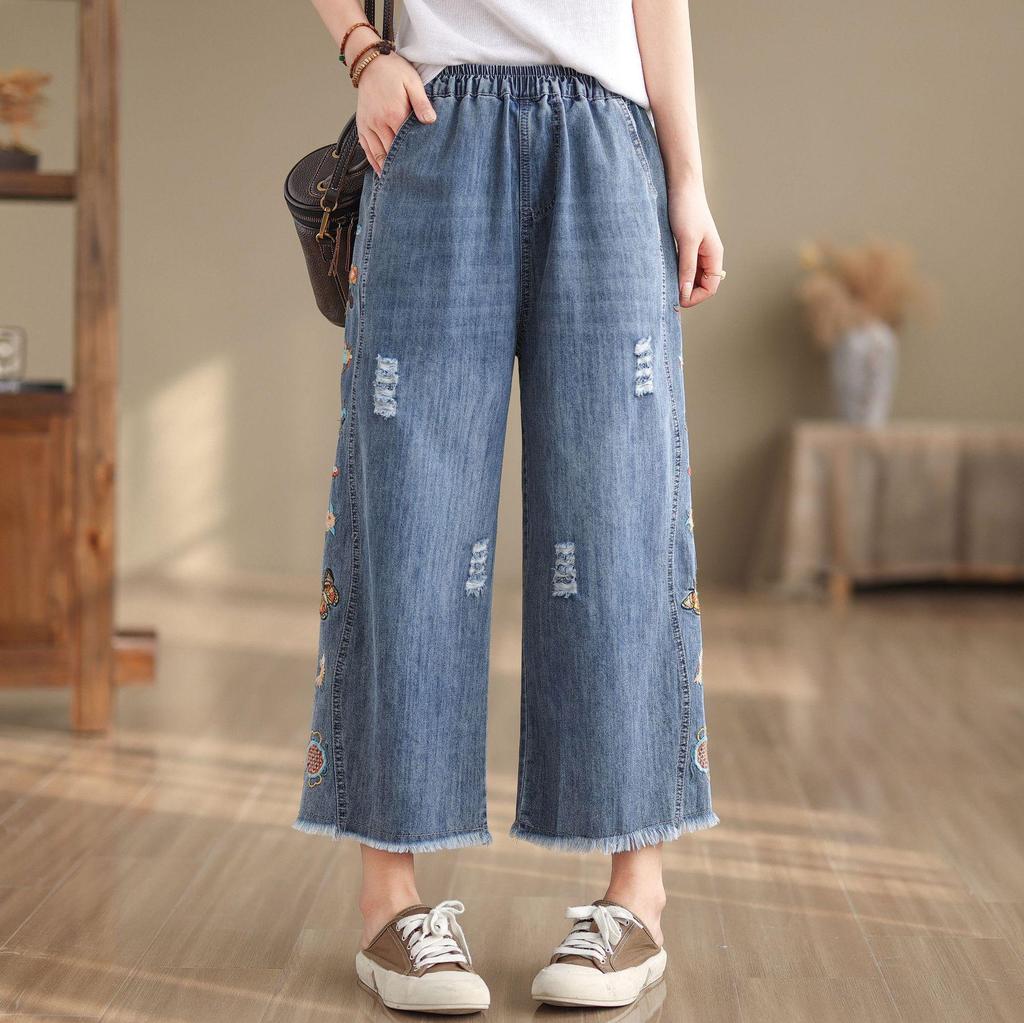 Women's High-Waist Wide-Leg Embroidered Jeans - Loose Fit, Raw Edge, Nine-Point Cotton, Plus Size, Casual Spring/Summer Pants