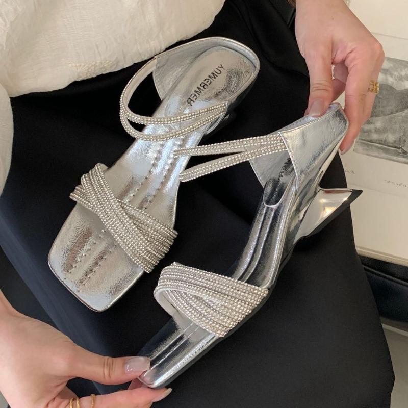 

Fashion Bling Rhinestone Cross Tied Slippers Women Fashion Square Toe Wedges Slide Sandals Luxury Banquet Brand Designer Dress Shoes 35 серебряный