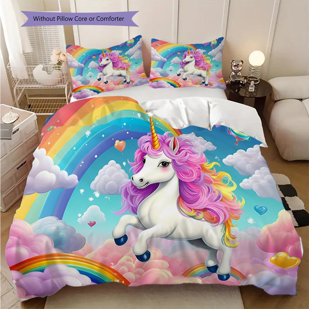 Einhorn auf den Wolken Bettwäsche, Bettbezug, Kissenbezug, Heimdekoration, Geburtstagsgeschenk (1 * Bettbezug+2 * Kissenbezug, ohne Füllung)