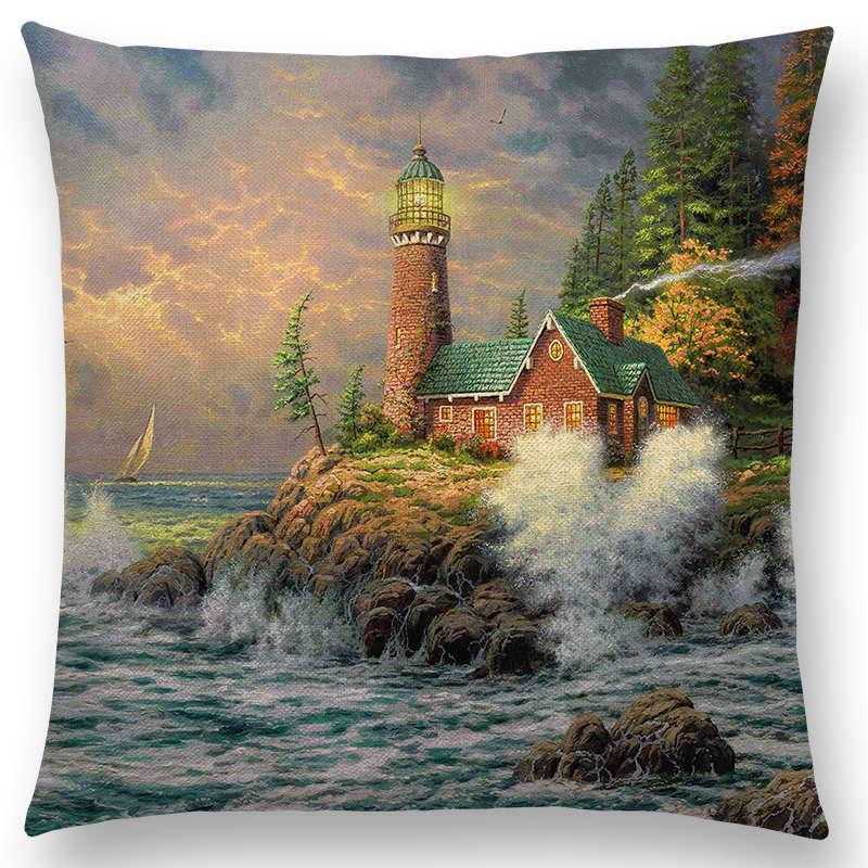 Home Decor Rustic Oil Painting Cushion Cover Beautiful Landscape Castle Lighthouse Sofa Pillow  Bedroom
