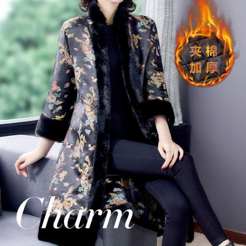 

Китайское пальто ципао осень и зима новая материнская стеганая хлопковая утолщенная средней длины Longfeng Chengxiang стеганая куртка женская S чёрный