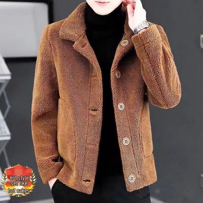 Men s Trendy Gray Stand Collar Lambswool Jacket - Thickened Velvet Winter Coat L