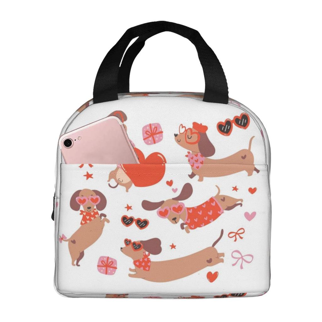 Perro Salchicha de Dibujos Animados con Corazón de Amor Bolsa de Almuerzo Aislada para Mujeres Niños Cajas de Comida Portátiles Fiambrera Térmica Bolso de Mano