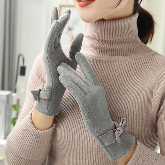 1 Pair Soft Gloves Anti-static Full Finger Cover Elegant Bow-know Plus Velvet Inside Gloves for Lady Winter