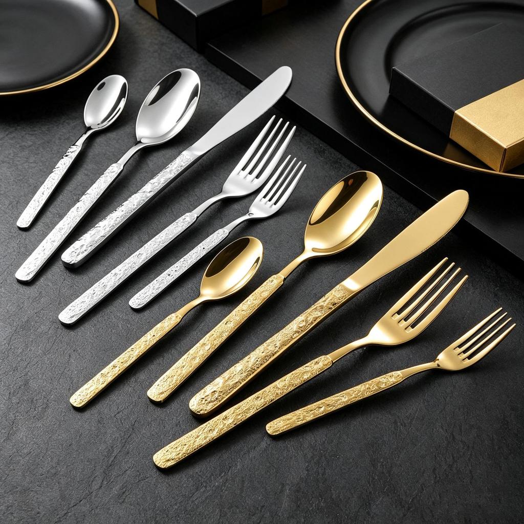 Gold-Plated Western Cutlery Set: Ice Crack Pattern Stainless Steel Fork, Knife, Spoon - Five Pieces.