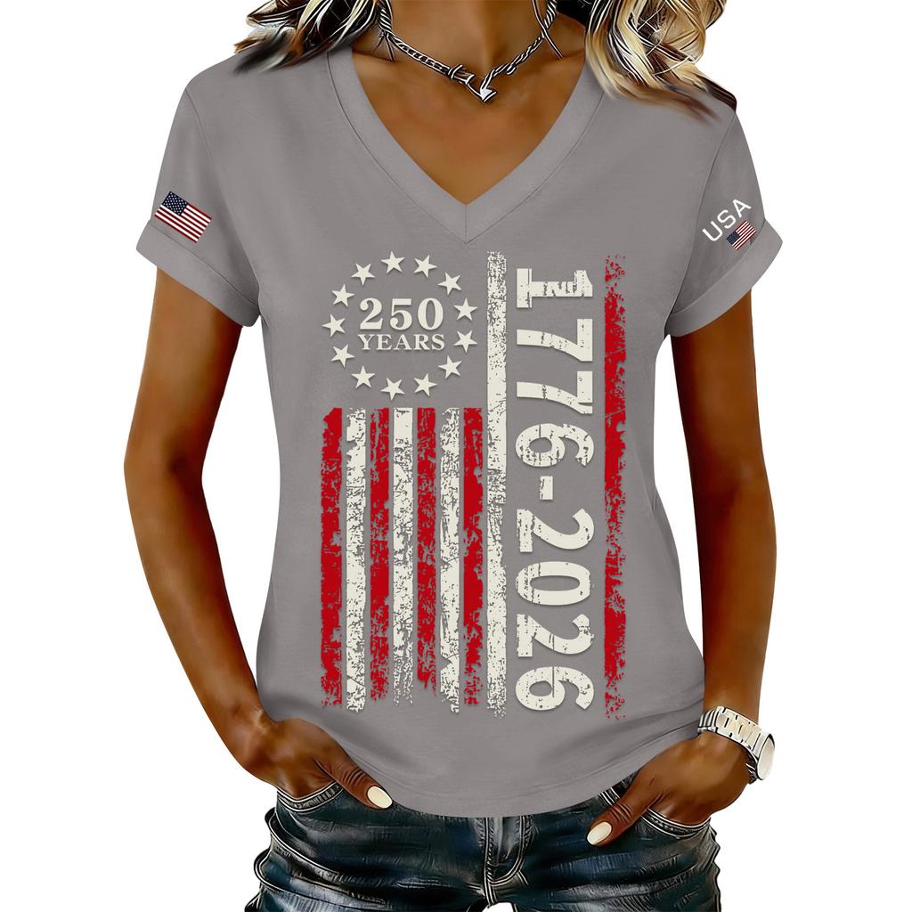 Women's Fashionable V-Neck Casual Retro Print Short Sleeved T-shirt Top
