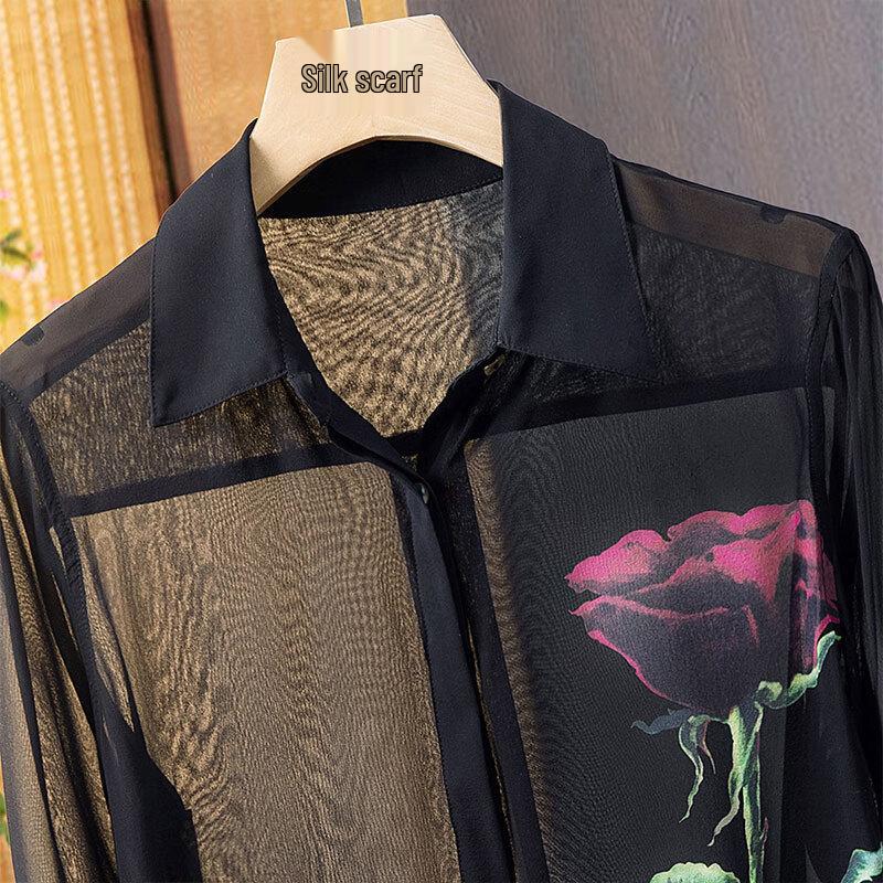 Sisbyshe Women's Floral Print Long-Sleeve Lapel Blouse