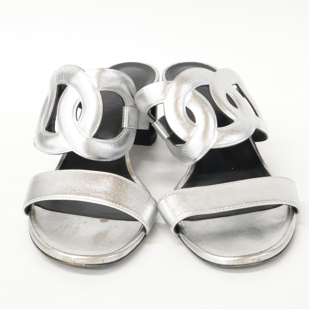 HERMES H202180Z Bikini Sandal with Chaine d'Ancre Motif in Metallic Nappa with Chunky Heel shoes 38 1/2 SilverUsed