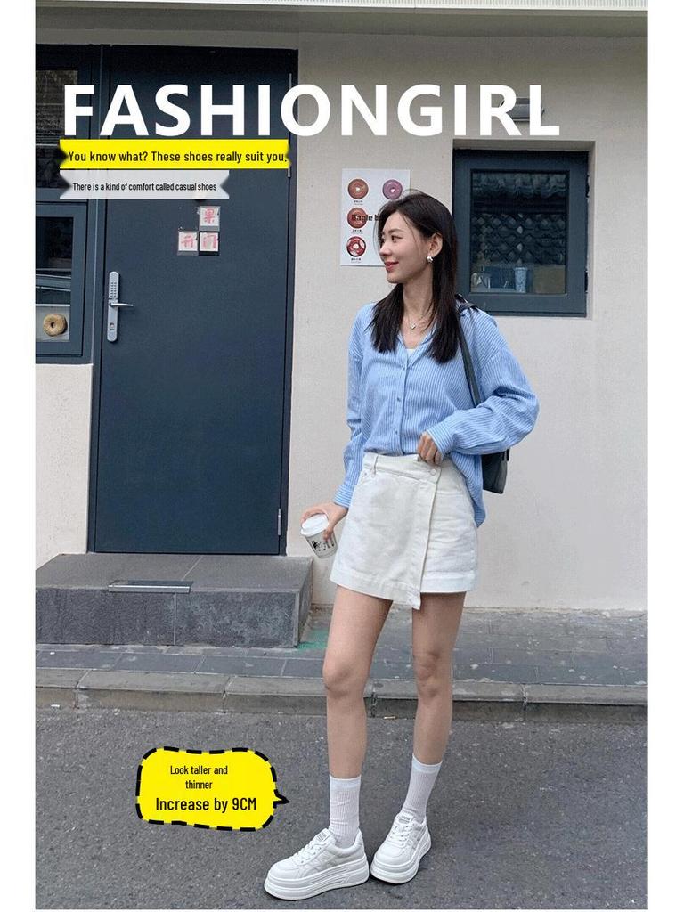 White 2025 Autumn Platform Sneakers: Sporty, Height-Enhancing 9cm Korean Leather Flatforms